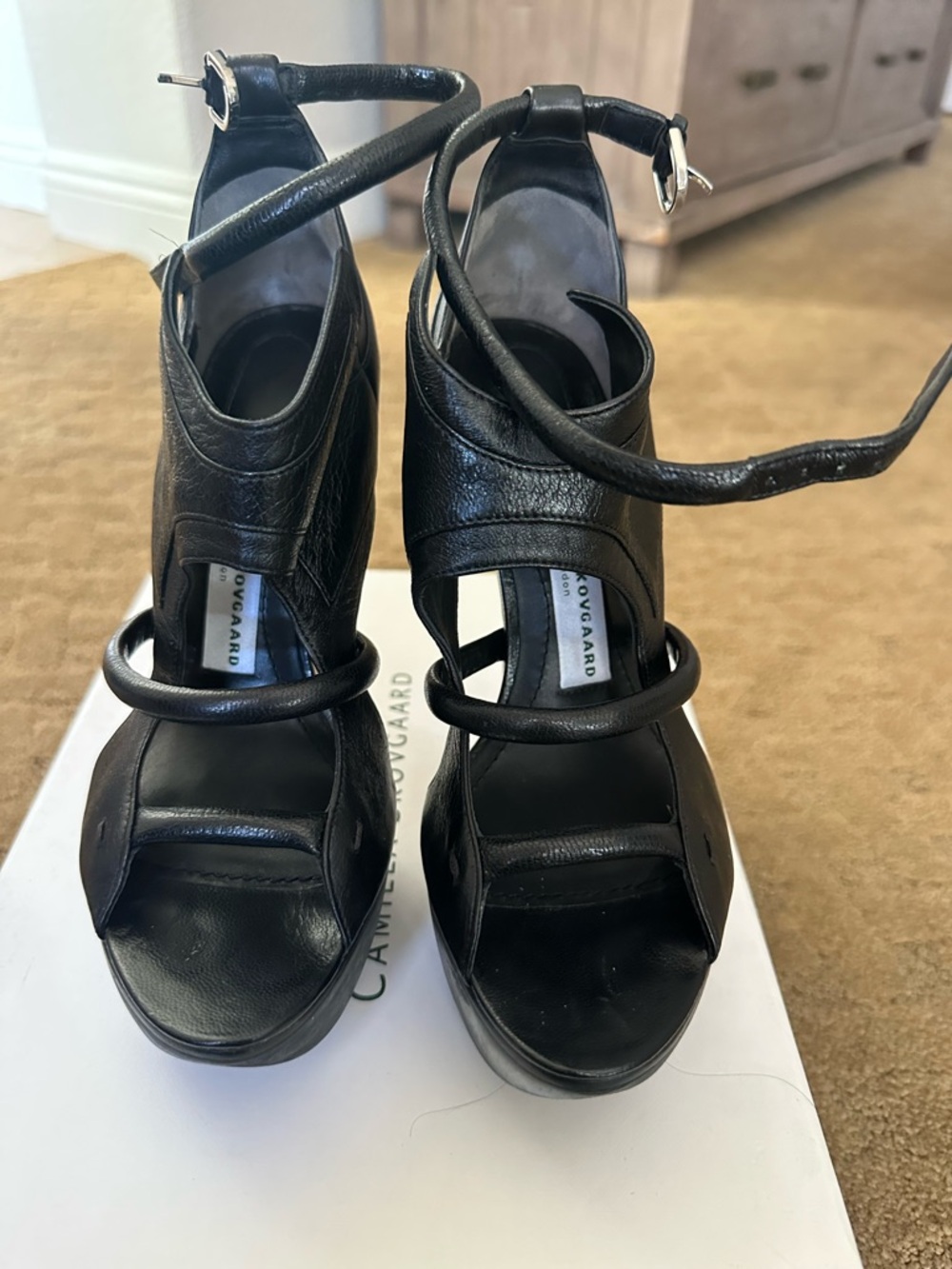 CAMILLE Skovgaard Black Leather Wrap-Around Platform Heels